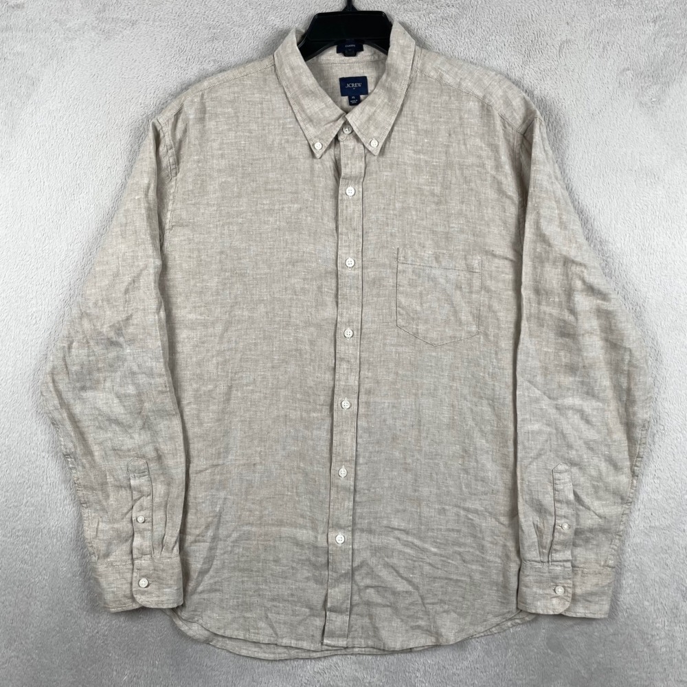 J Crew Shirt Mens XL Classic Fit Beige Linen Blend Long Sleeve Button Down - Picture 2 of 8